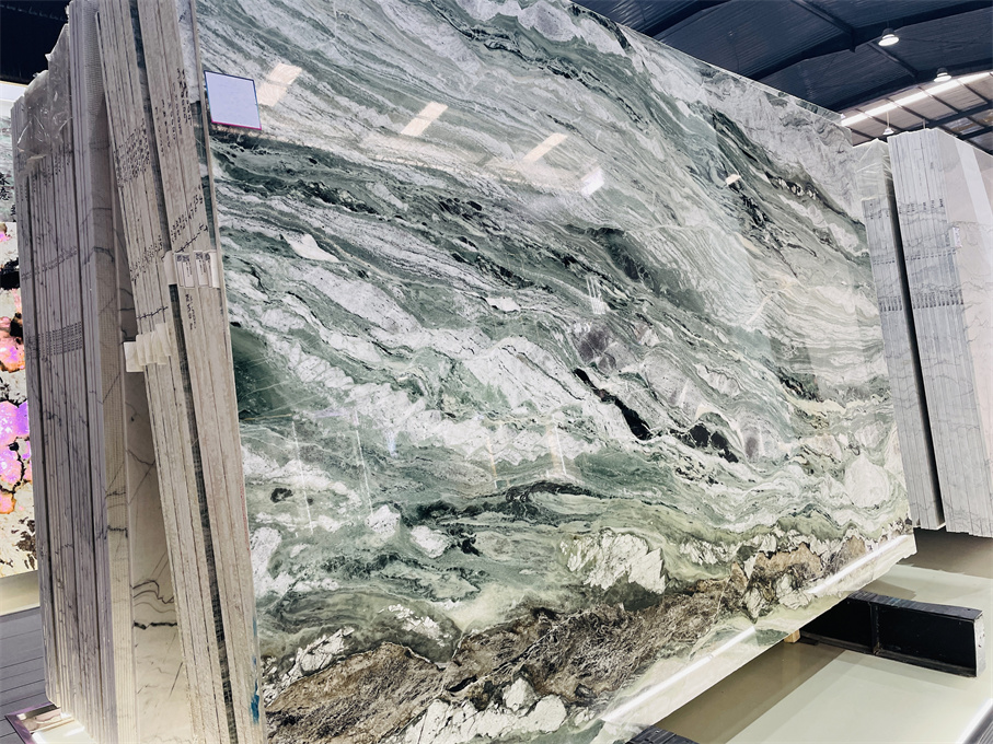 Cold Spring Quartzite slabs bundled - stack of green quartzite slabs