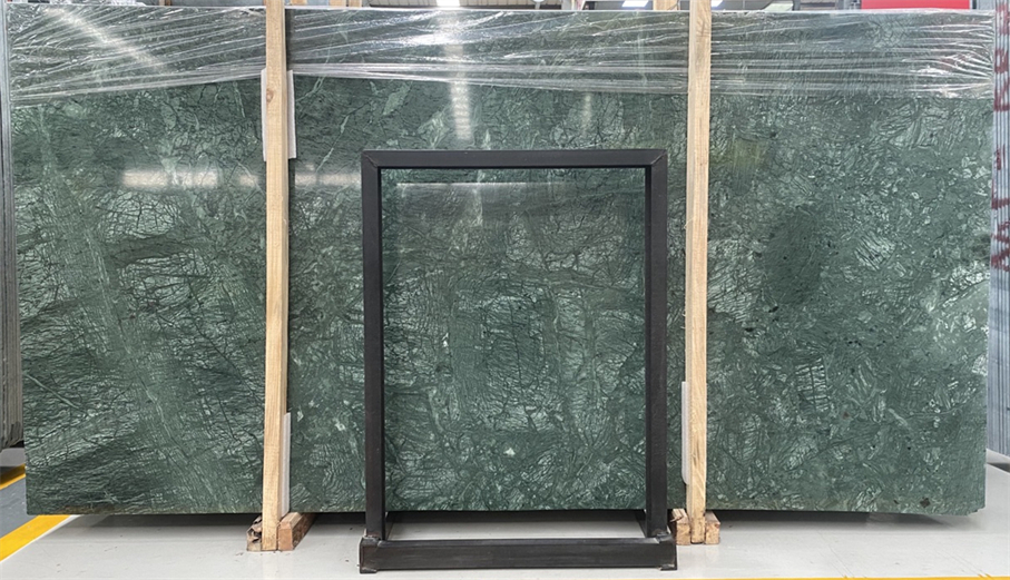 Verde Guatemala Marble slabs packaged in wooden crates for export