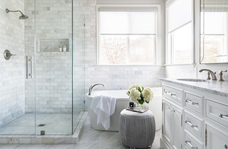 White Horizontal Rectangle Marble Mosaic installed on bathroom wall - white marble mosaic tiles